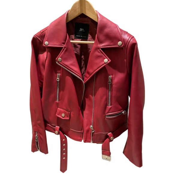 Zara red leather biker jacket - Picture 1 of 3